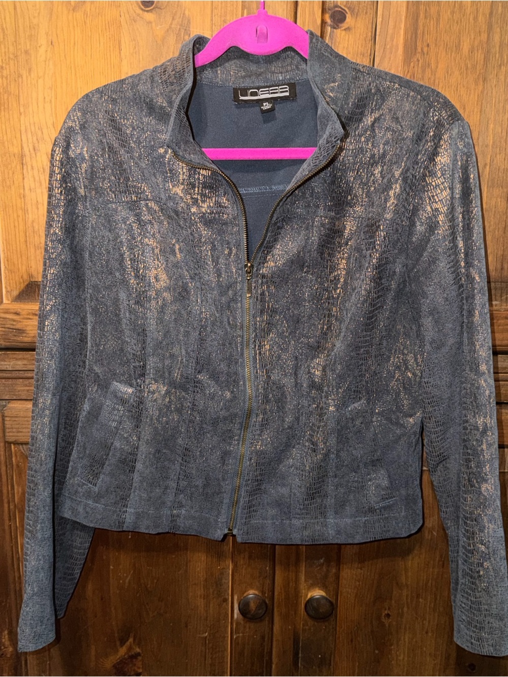 Linear Dark Gray/Blue with Metallic Gold/Copper Snakeskin Print Zip Up Jacket